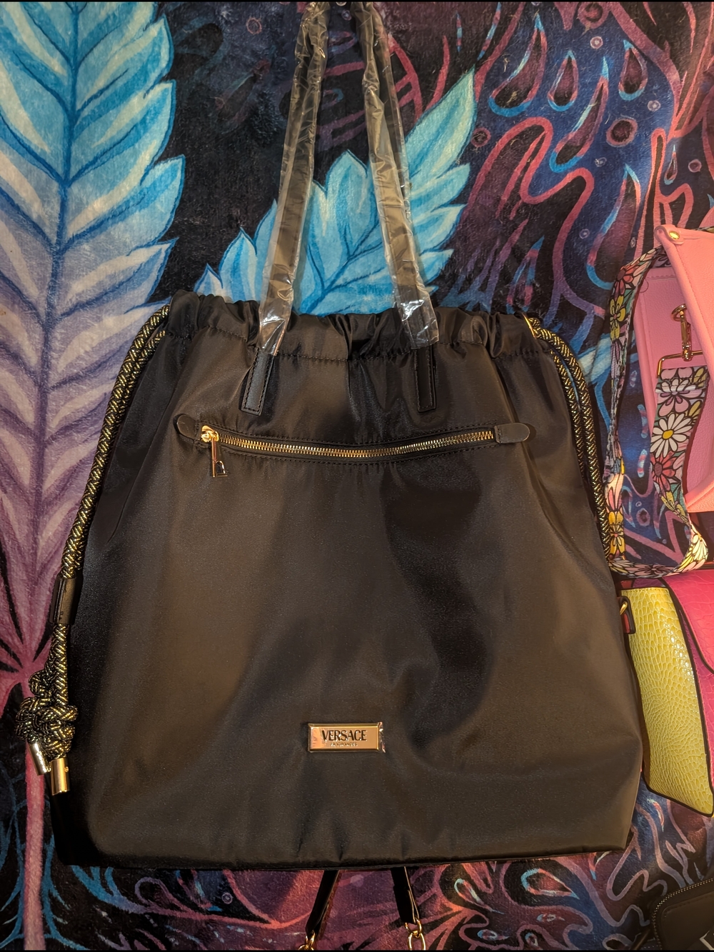 Versace Black Nylon Tote with Gold-Tone Accents